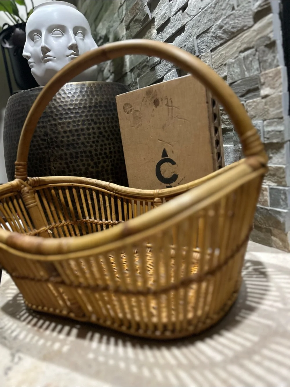 Vintage Bent Bamboo and  Natural Rattan Handled Basket
